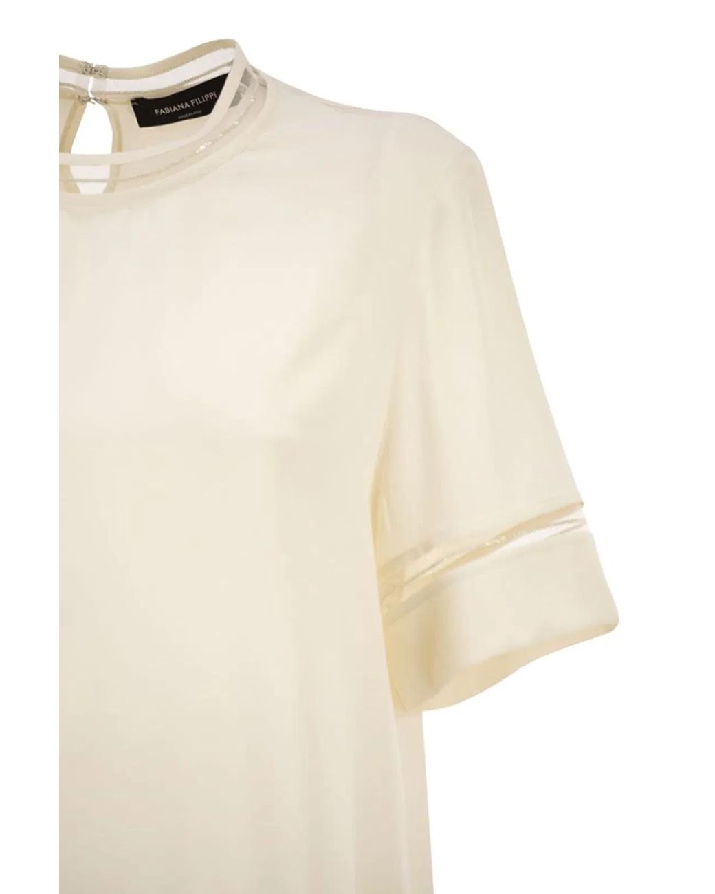 Fabiana Filippi Natural Short-Sleeved Silk Satin Blouse With Transparent Inserts