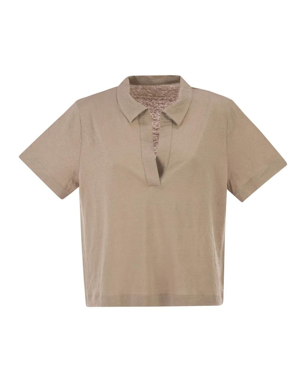 Majestic Gray Cropped Linen Stretch Polo With V-Neck