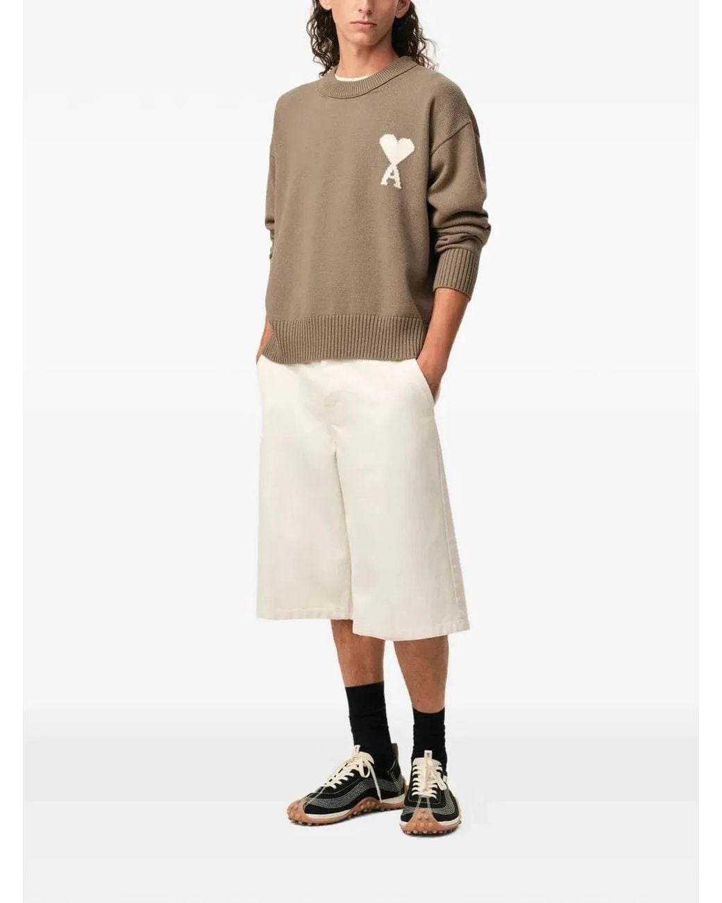 AMI Natural Taupe Ecru Wool Crewneck Sweater for men