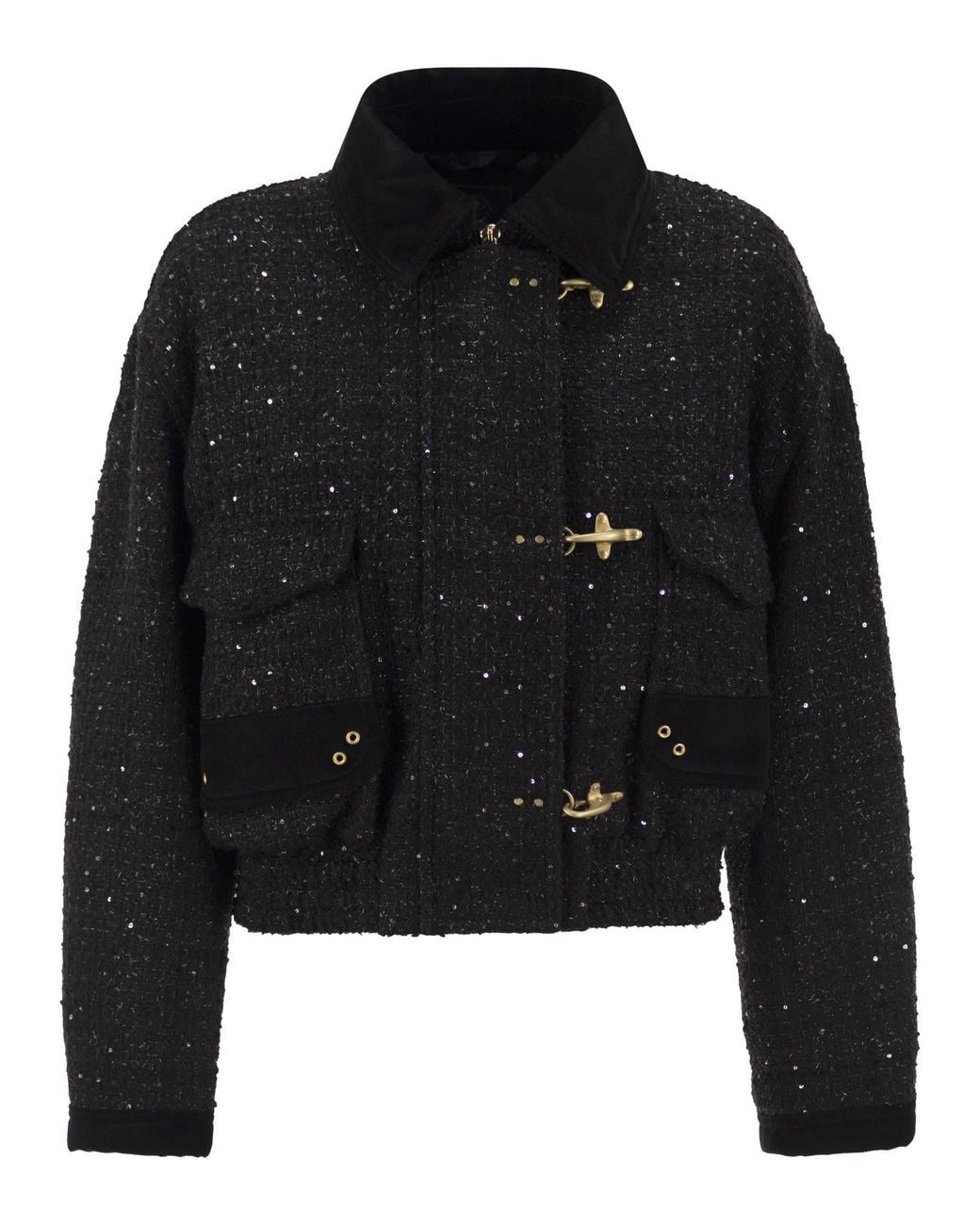 Fay Black Cropped Tweed Jacket With Sequins And Hooks