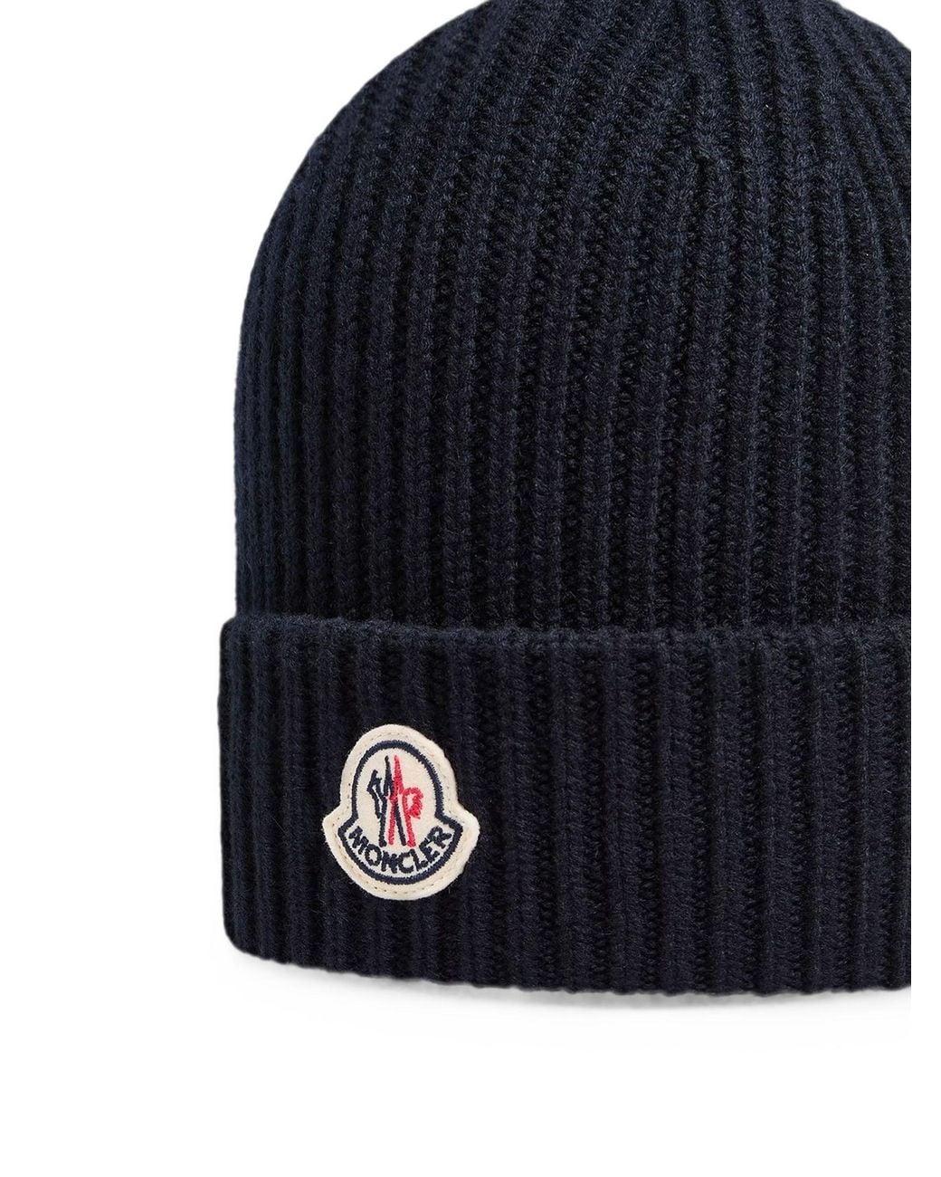 Moncler Blue Logo-Patch Ribbed-Knit Beanie Hat for men