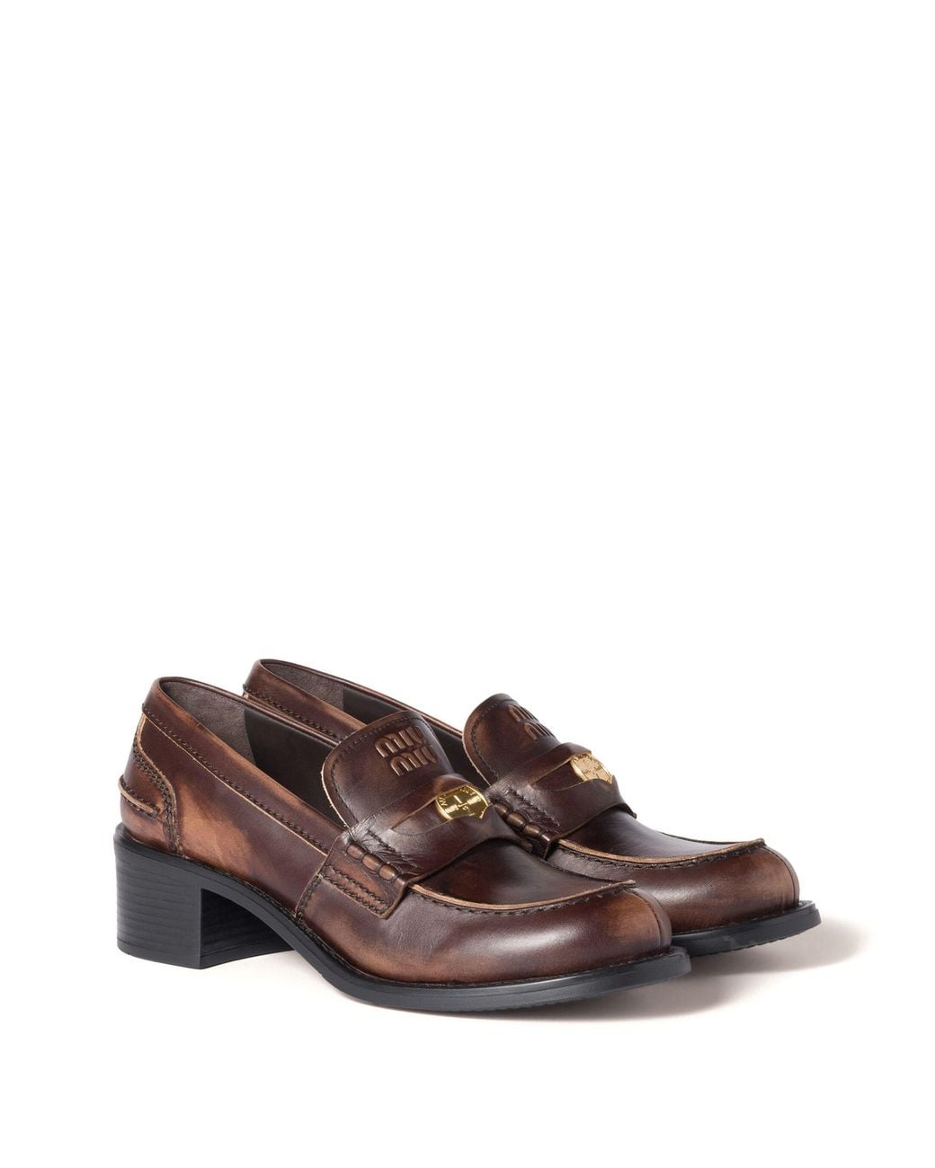 Miu Miu Brown Deco Mid-Heel Leather Loafers