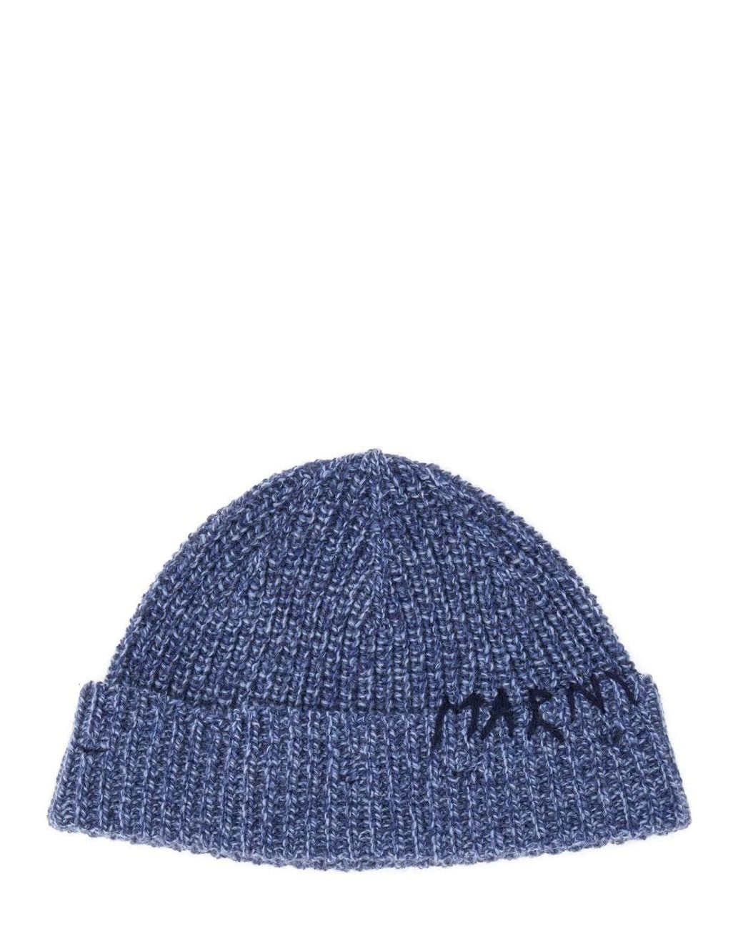 Marni Blue Beanie Hat With Mending" Embroidery