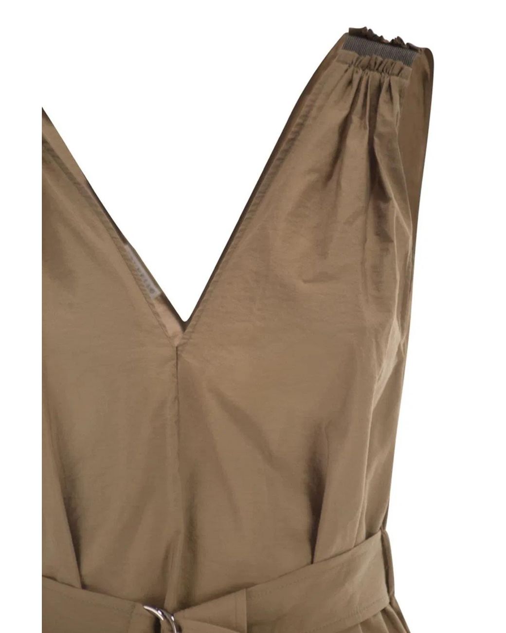 Brunello Cucinelli Natural Techno Cotton Poplin Dress With Belt And Precious Shoulder Detail