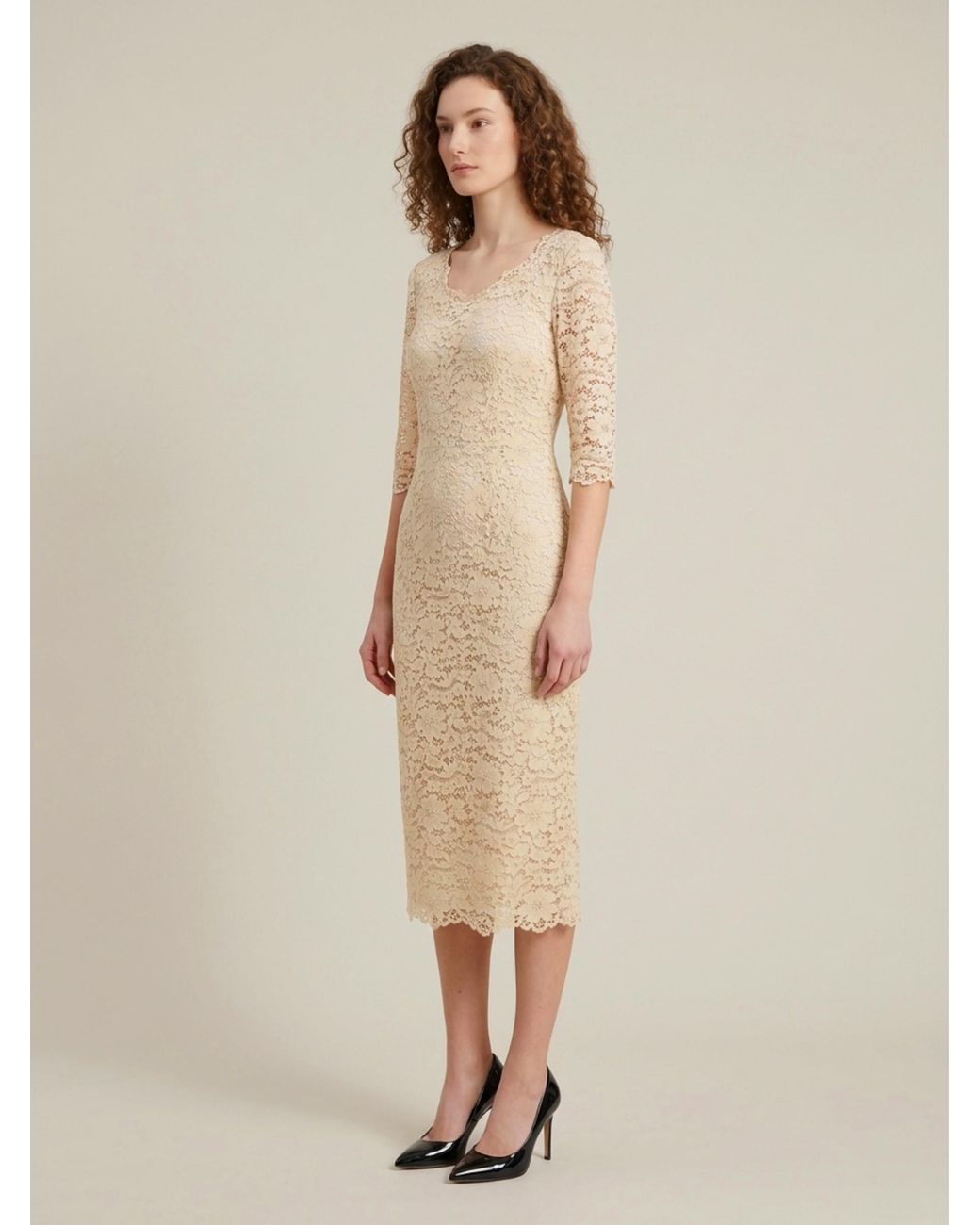 SUTTON NEW YORK Natural Lace Midi Sheath Dress
