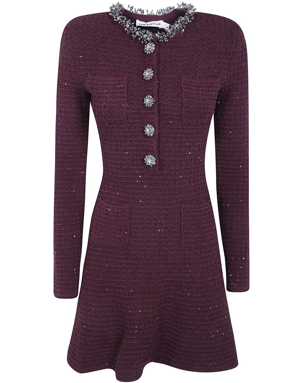 Self-Portrait Purple Burgundy Textured Knit Embellished Mini Dress