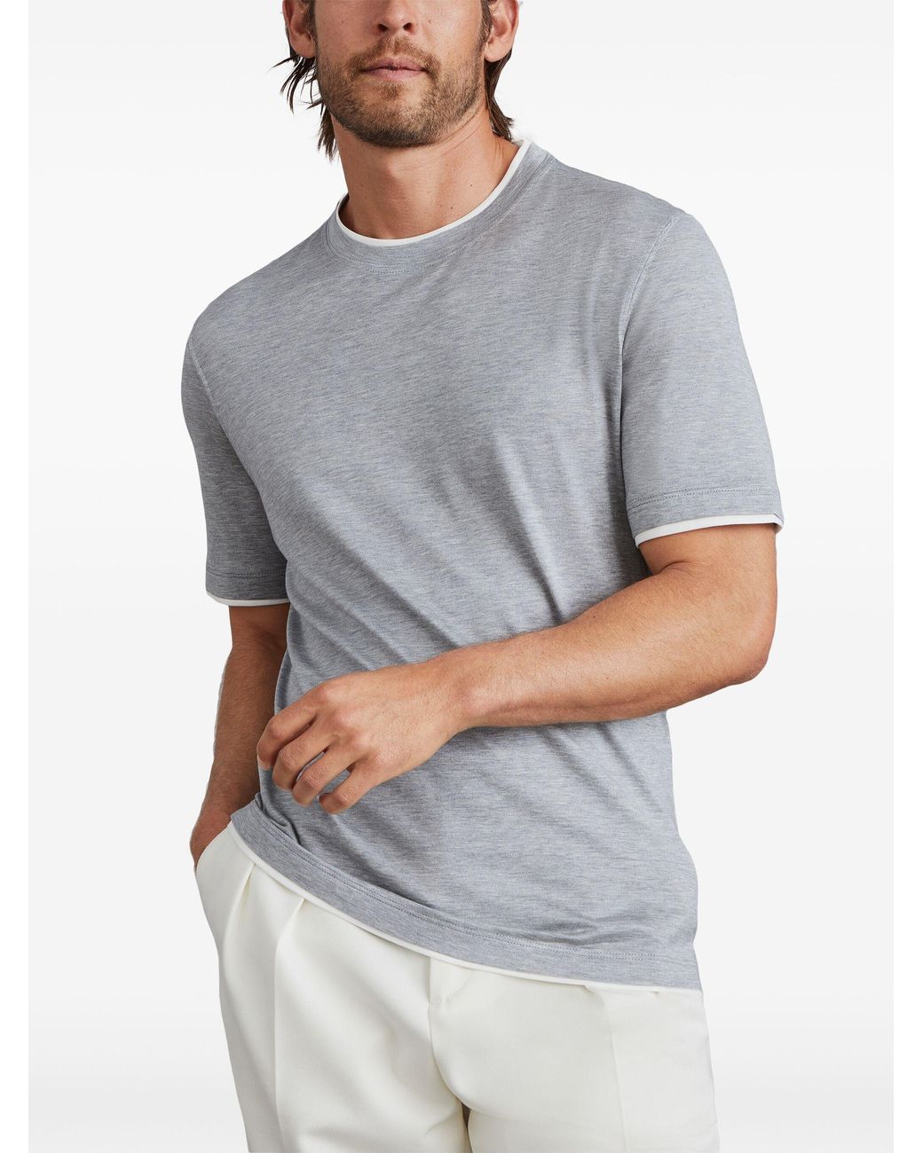Brunello Cucinelli Gray Silk And Cotton Lightweight Jersey Crew-Neck T-Shirt With Faux-Layering for men