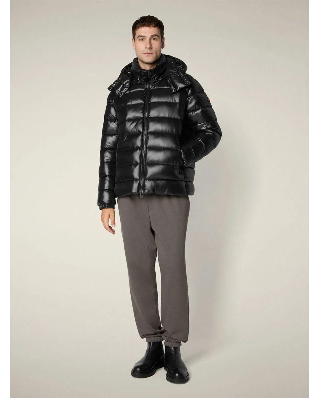 Save The Duck Black Florian Down Jacket With Lacquered Finish And Removable Hood for men