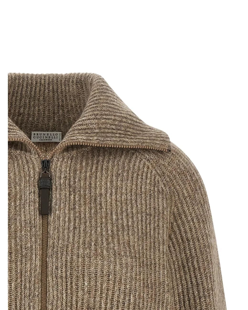 Brunello Cucinelli Natural 'Shiny Zipper Pull' Cardigan