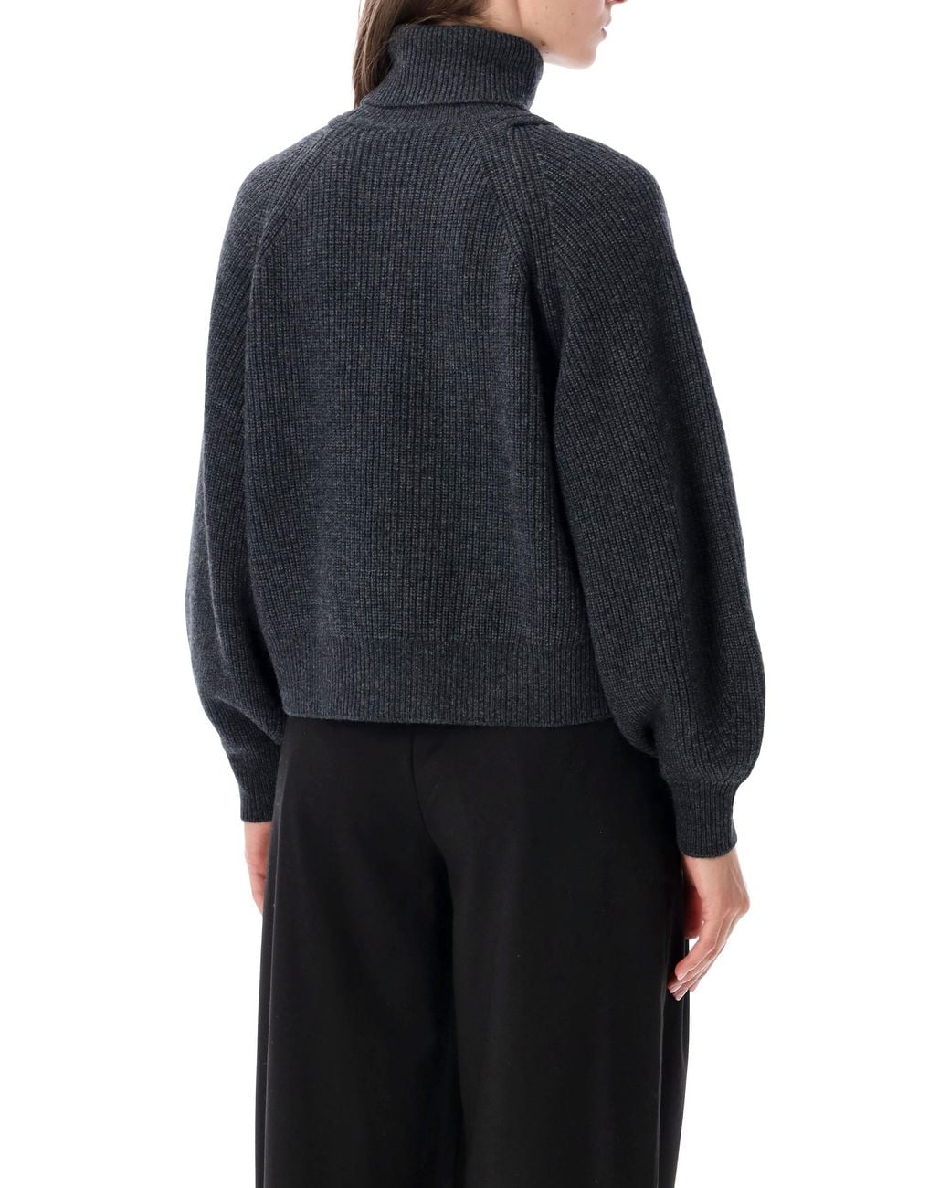 Sessun Blue Ribbed Turtleneck Sweater With Balloon Sleeves