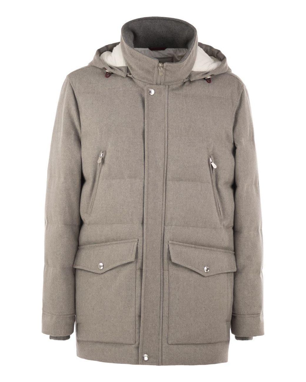 Brunello Cucinelli Gray Wool Down Jacket With Detachable Hood for men