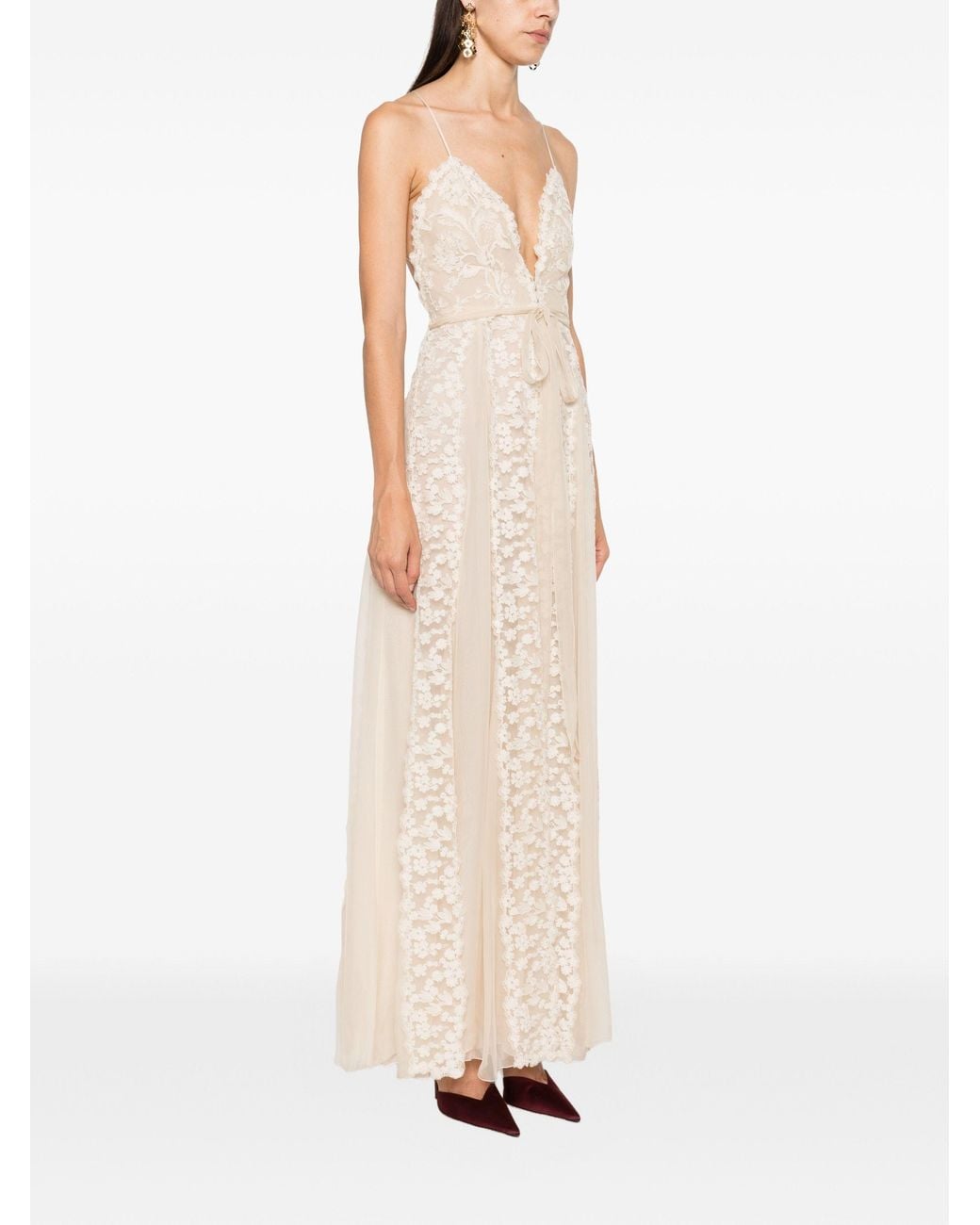 Fendi White Floral-Lace Belted Maxi Dress