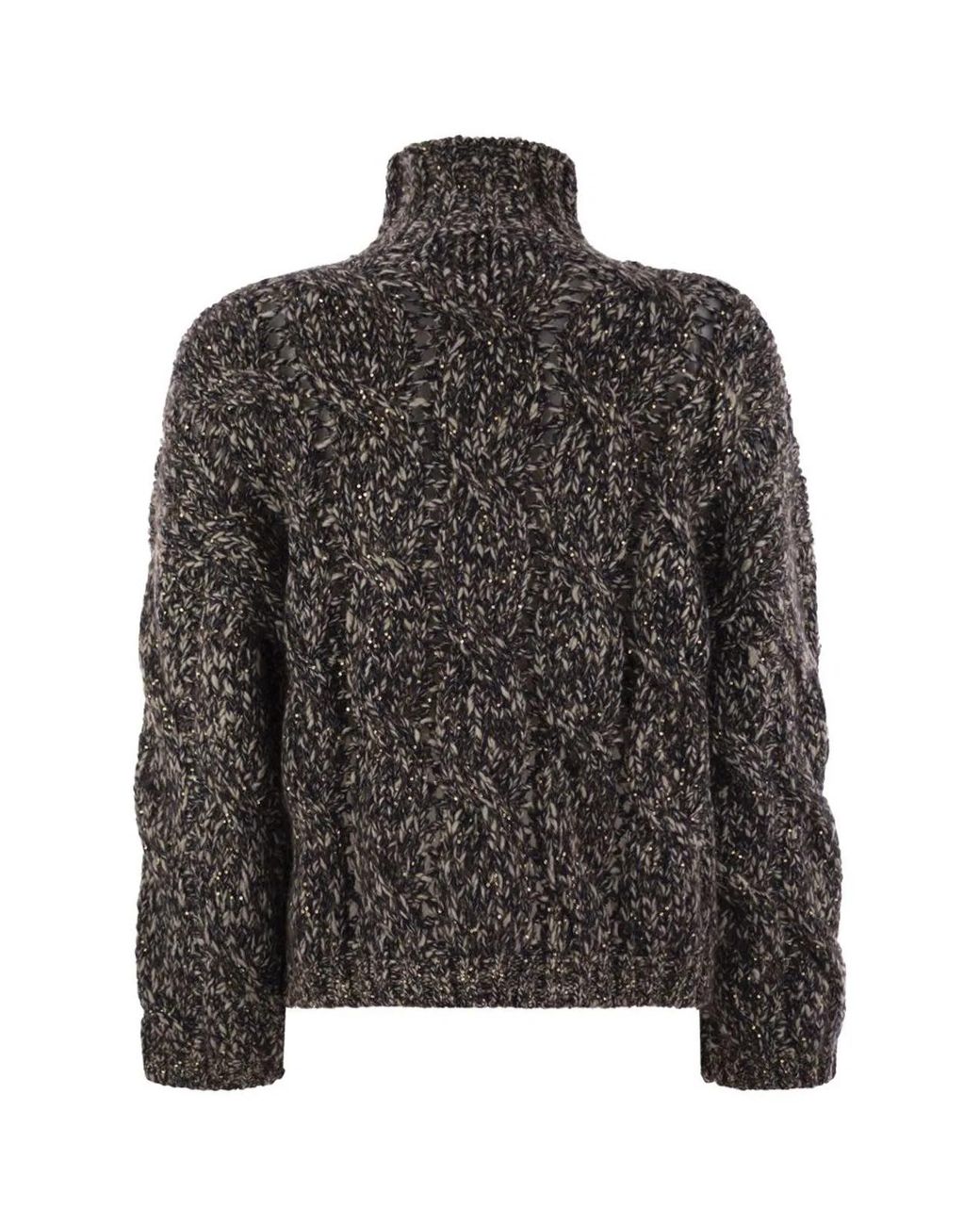 Brunello Cucinelli Black Soft Wool, Cashmere And Mohair Turtleneck Sweater With Braided Design