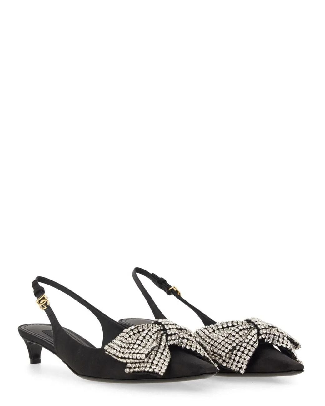 Dolce & Gabbana Black Satin Slingback With Rhinestone Embroidery Pumps