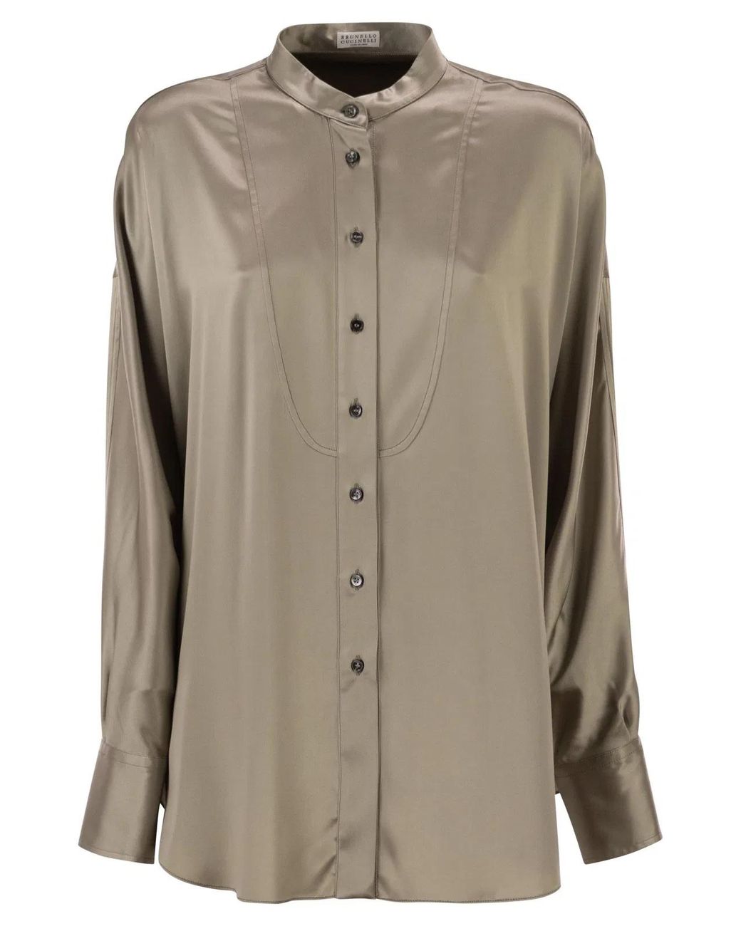 Brunello Cucinelli Natural Stretch Silk Satin Mandarin Collar Shirt With Necklace