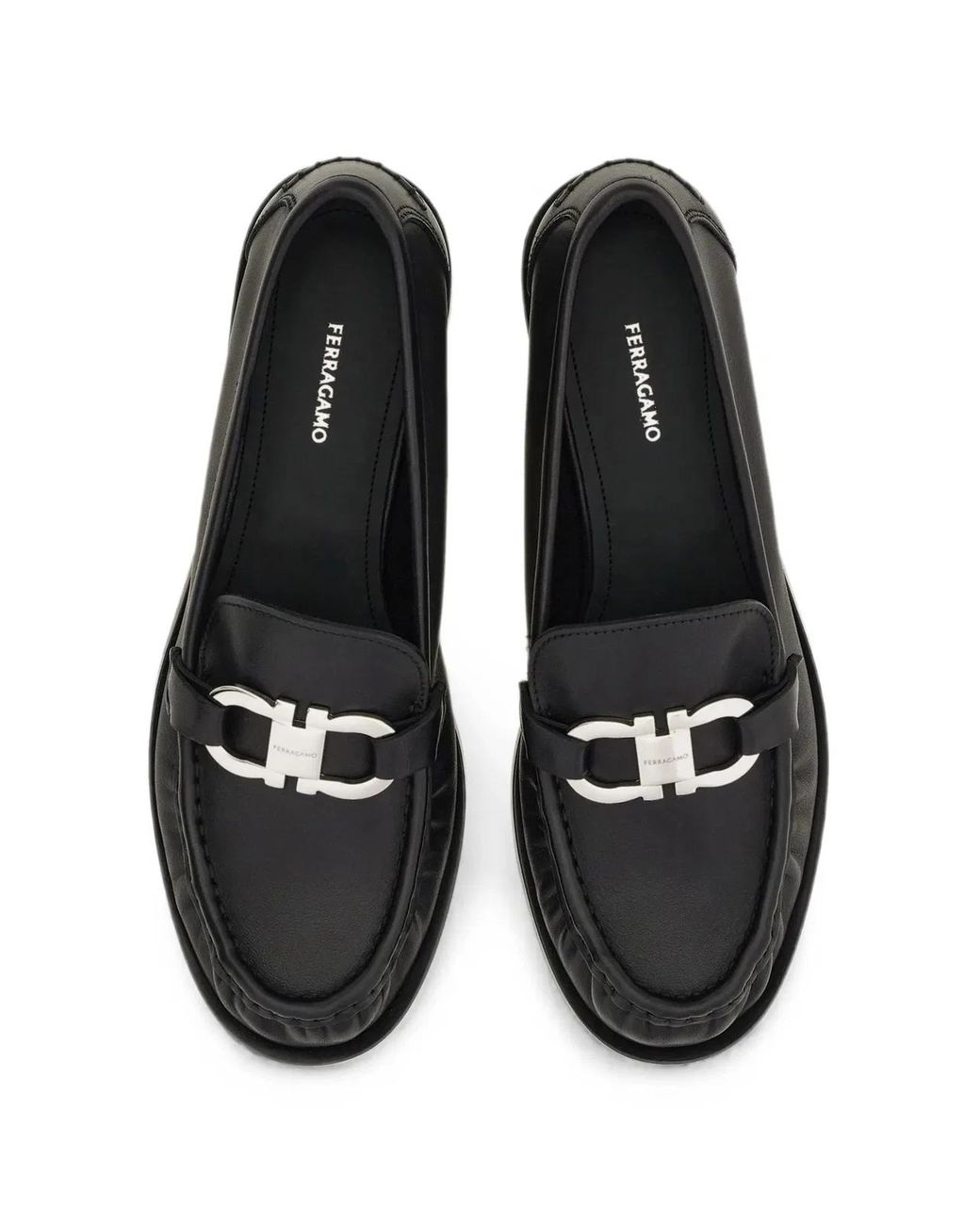 Ferragamo Black Leather Loafers With-Tone Metal Bit Detail
