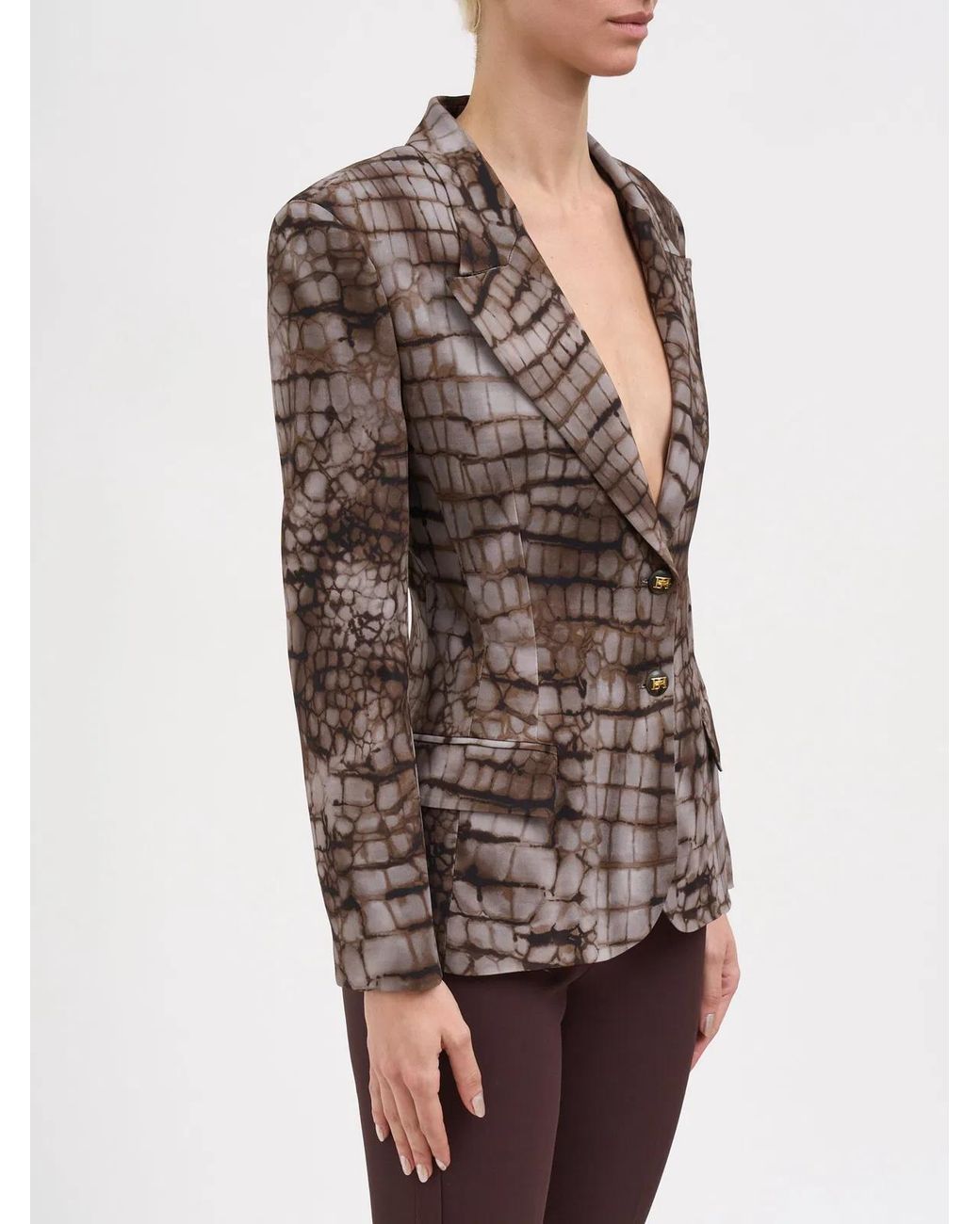 Elisabetta Franchi Brown Crêpe Jacket With Alligator Print