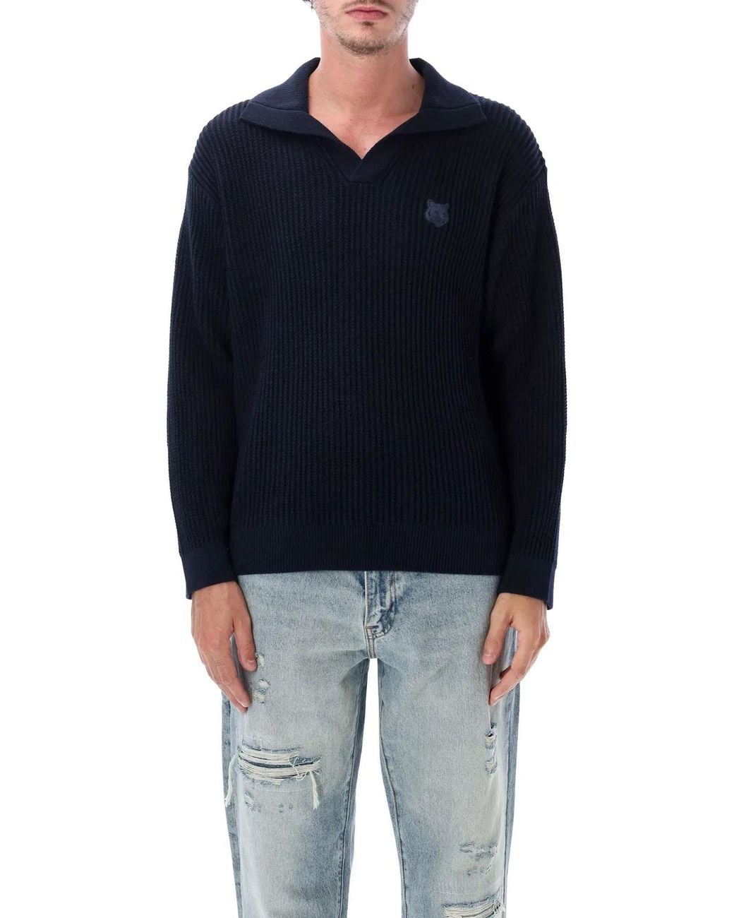 Maison Kitsuné Blue Maison Kitsuné Maison Kitsuné Fox Head Ribbed Polo Jumper for men