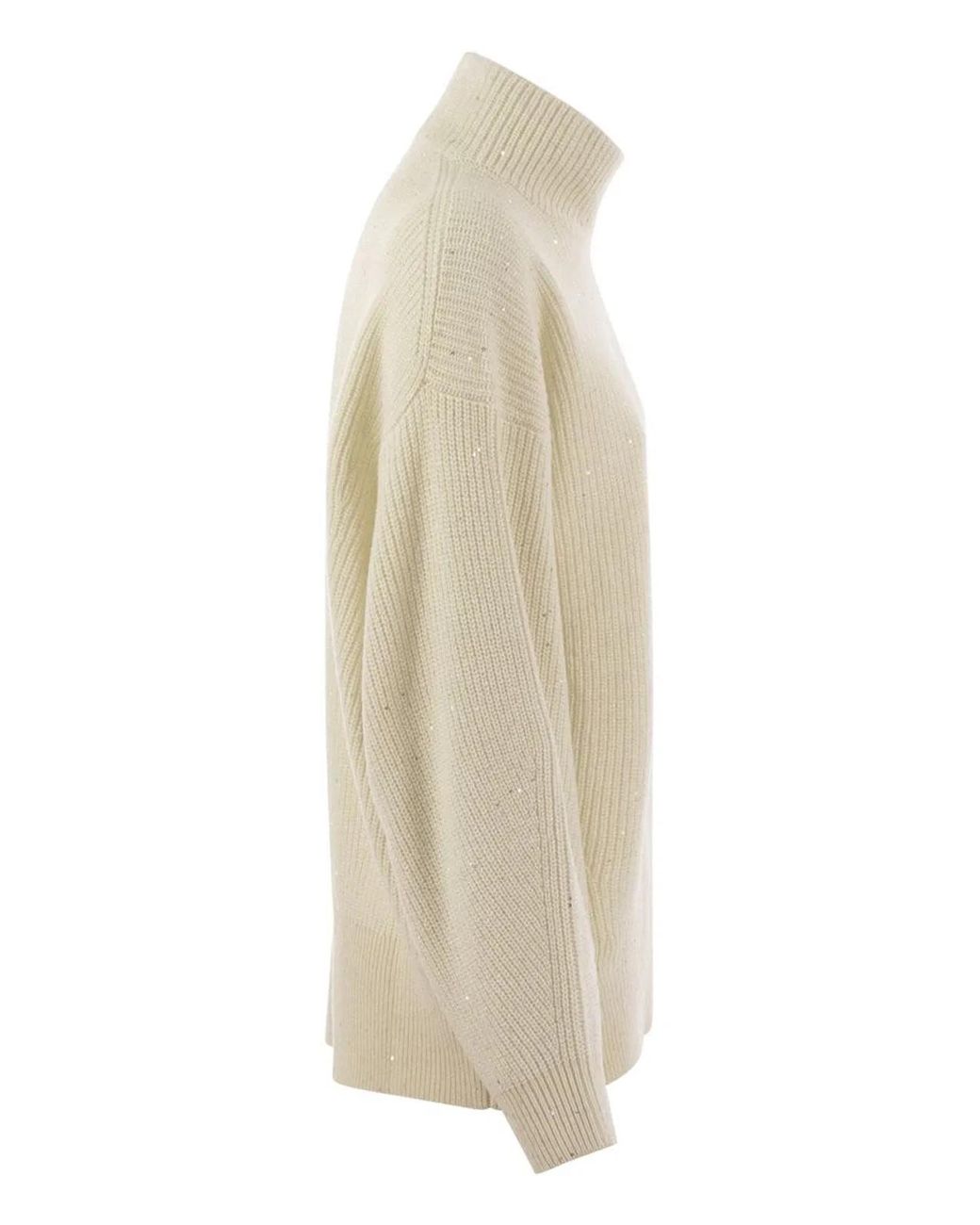 Brunello Cucinelli Natural Wool And Cashmere Rib Sweater With Sequins
