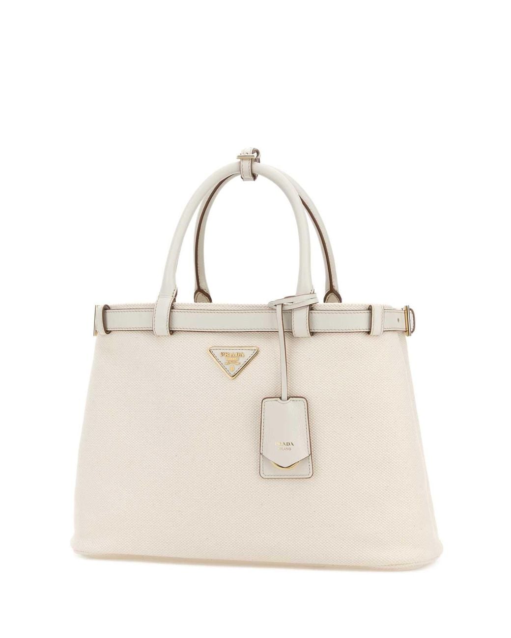 Prada Natural Practical Canvas Shopping Handbag With Calf Leather Trim, 34Cm X 24Cm X 13Cm