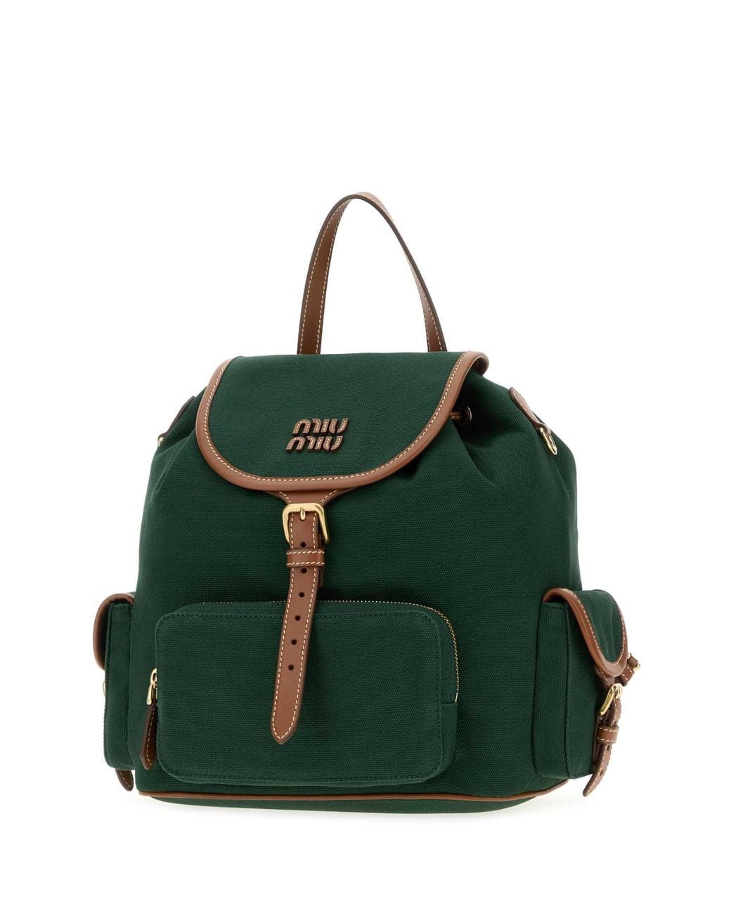 Miu Miu Green 25 X 31 X 15 Cm Mini Canvas Backpack With Calf Leather Details