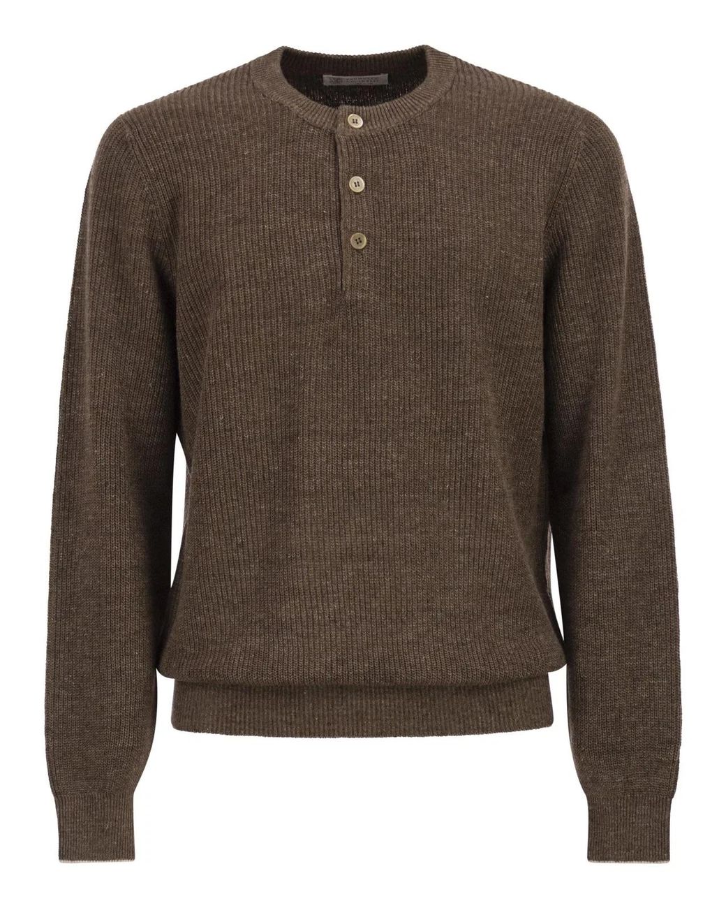 Brunello Cucinelli Brown Cotton And Linen Half-Ribbed Crew Neck Jumper for men