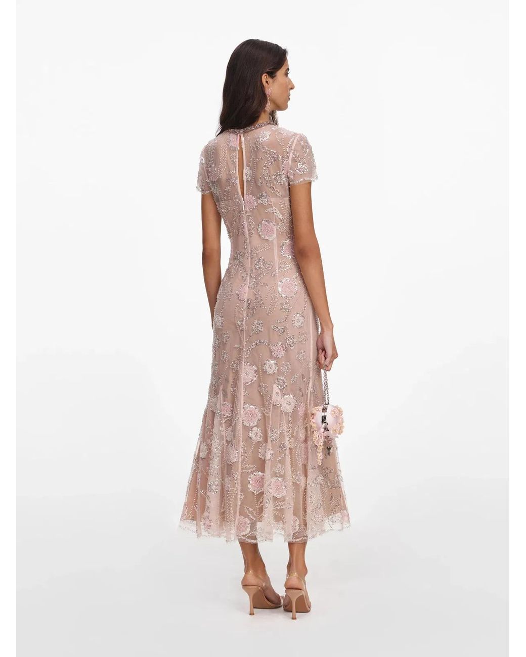 Self-Portrait Pink Flower Sequin Embellished Midi Dress