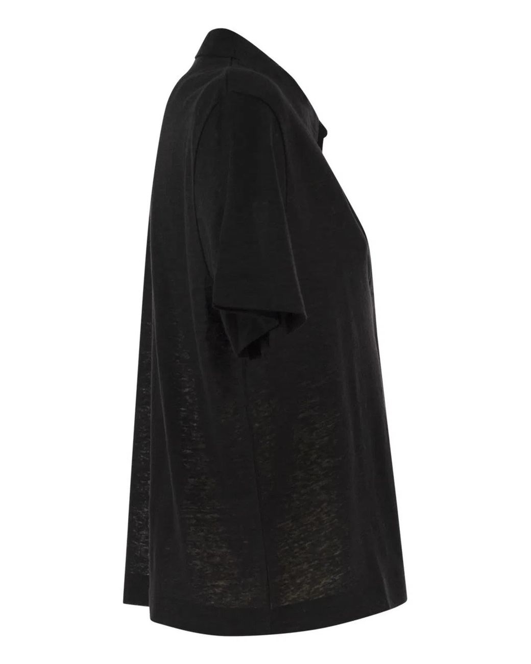 Majestic Black Cropped Linen Stretch Polo With V-Neck