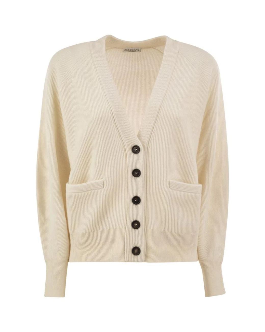 Brunello Cucinelli Natural Ribbed Cashmere V-Neck Cardigan