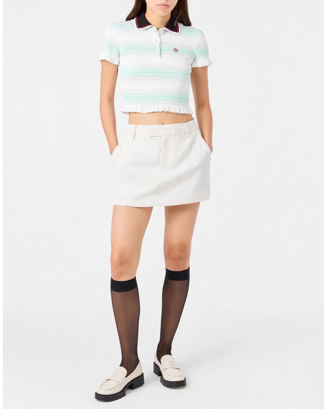 Casablanca White Stripe Shirred Polo Top