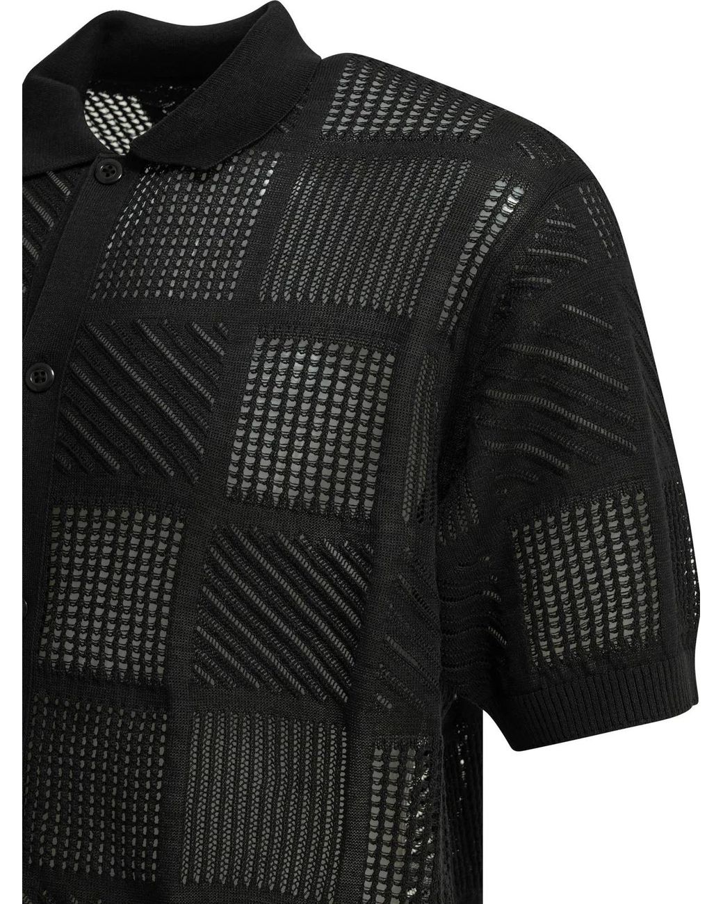 Beams Plus Black Cotton Nylon Spandex Textured Knit Button-Down Polo Shirt for men