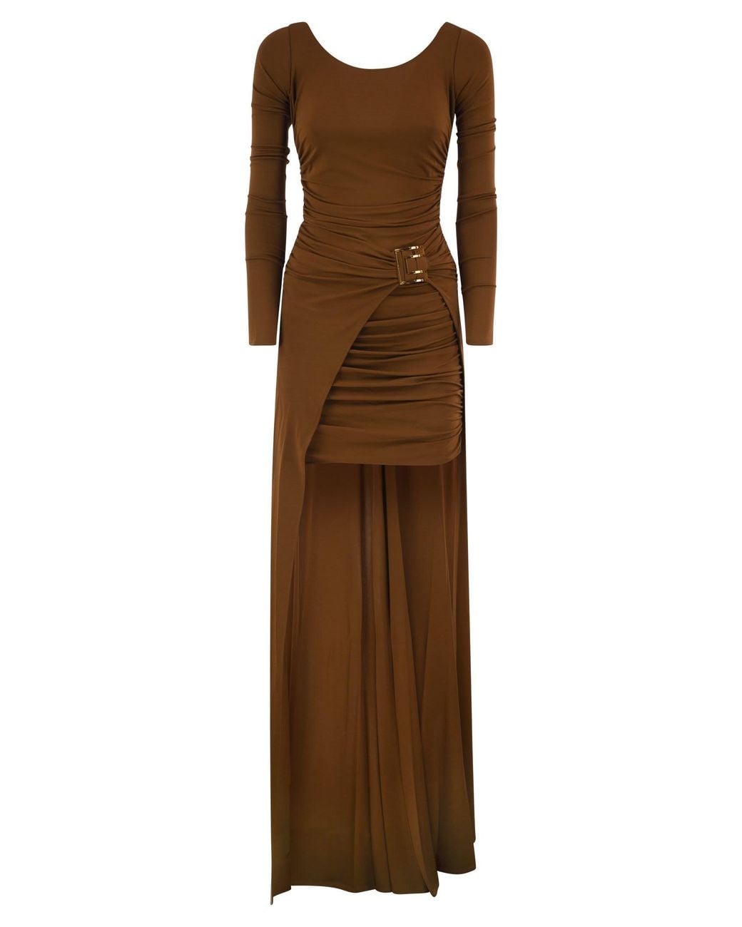 Elisabetta Franchi Brown Long Draped Dress With Buckle