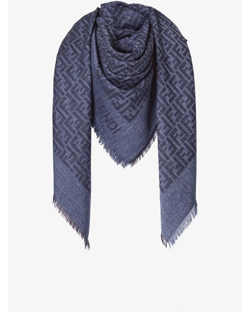 Fendi Blue And Ff Cotton And Wool Shawl
