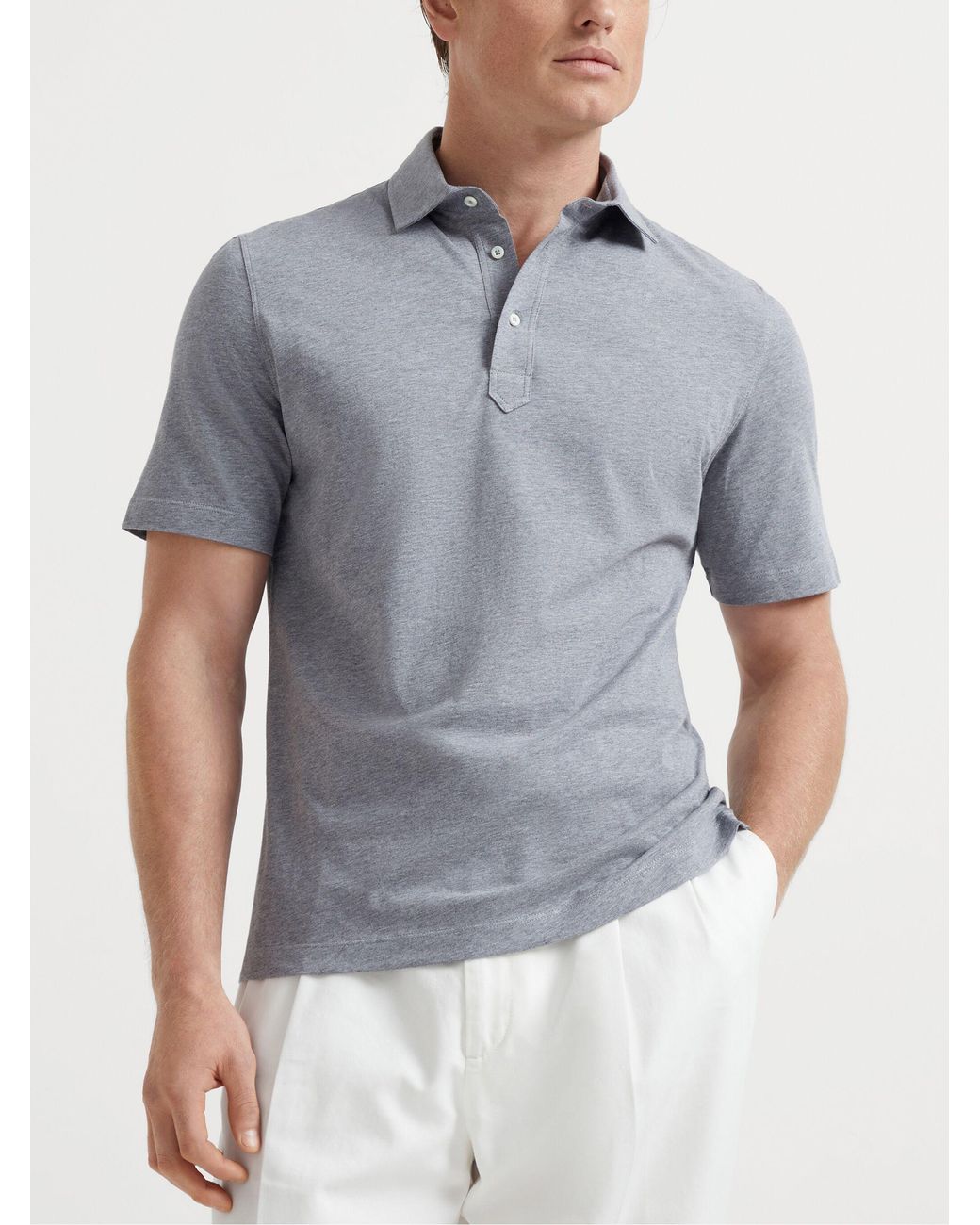 Brunello Cucinelli Blue Cotton Jersey Polo With Shirt-Style Collar for men