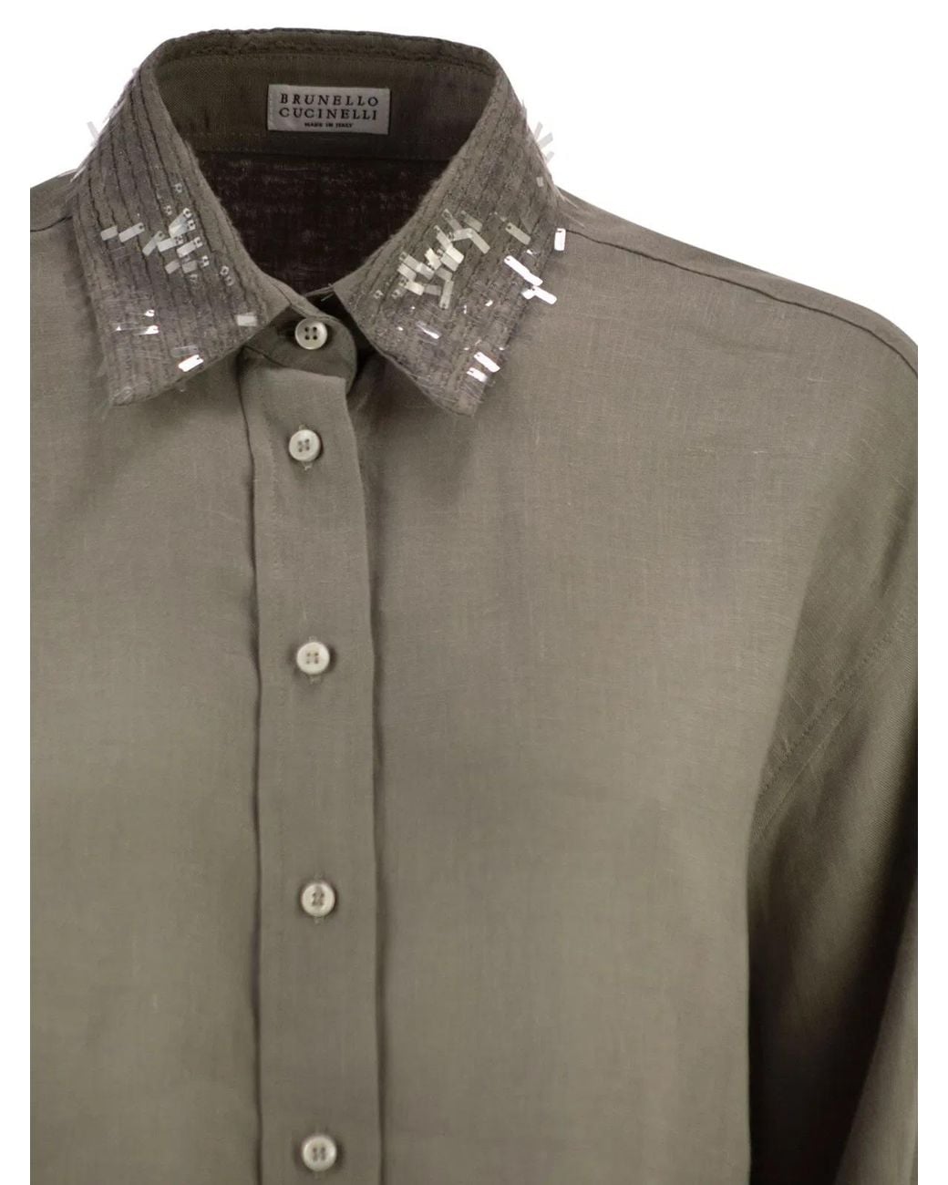 Brunello Cucinelli Green Linen Shirt With Sequin-Embroidered Collar