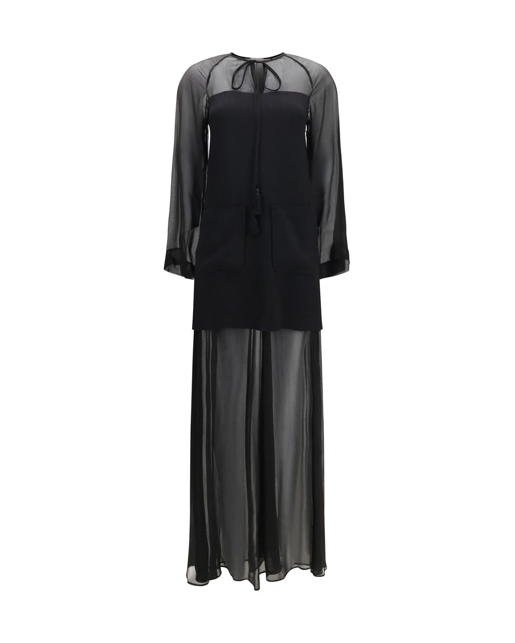 Forte_forte Black Georgette And Crêpe Long Dress With Bow And Tassels