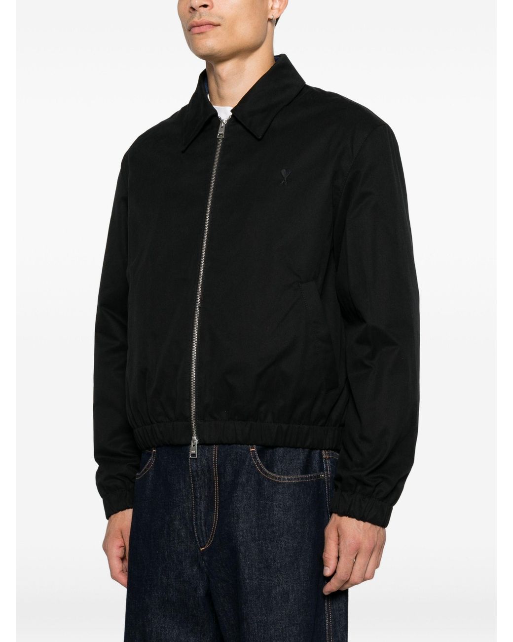 AMI Black Cropped Jacket With Classic Collar And Embroidered Logo for men