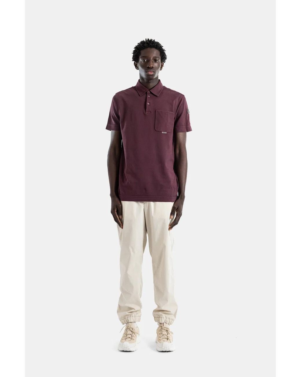 Moncler Purple Polo Coton Piqué Bordeaux Lavé Poche Poitrine Logo Métal for men