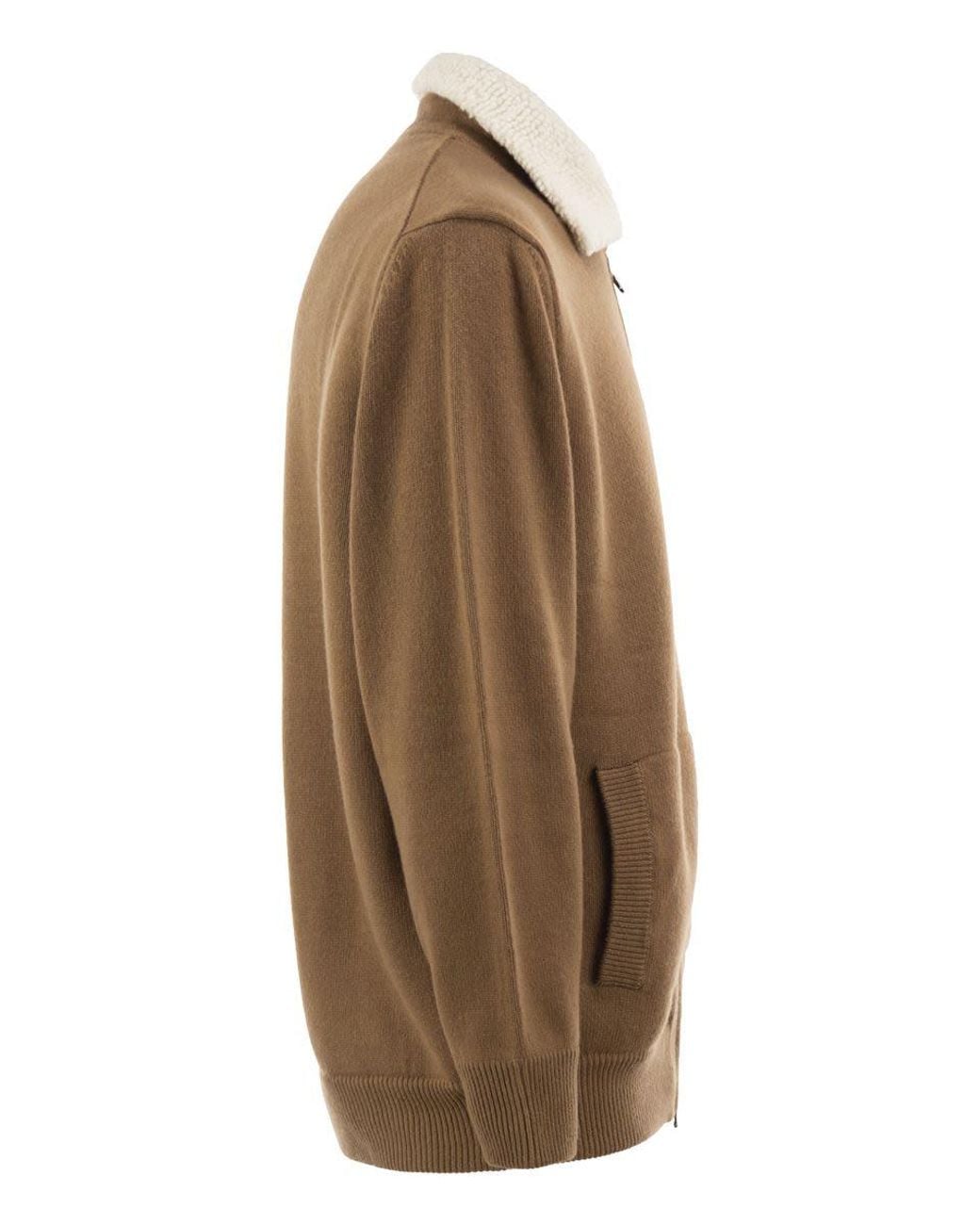 Kiton Brown Wool And Cashmere Cardigan With Shearling-Effect Collar for men