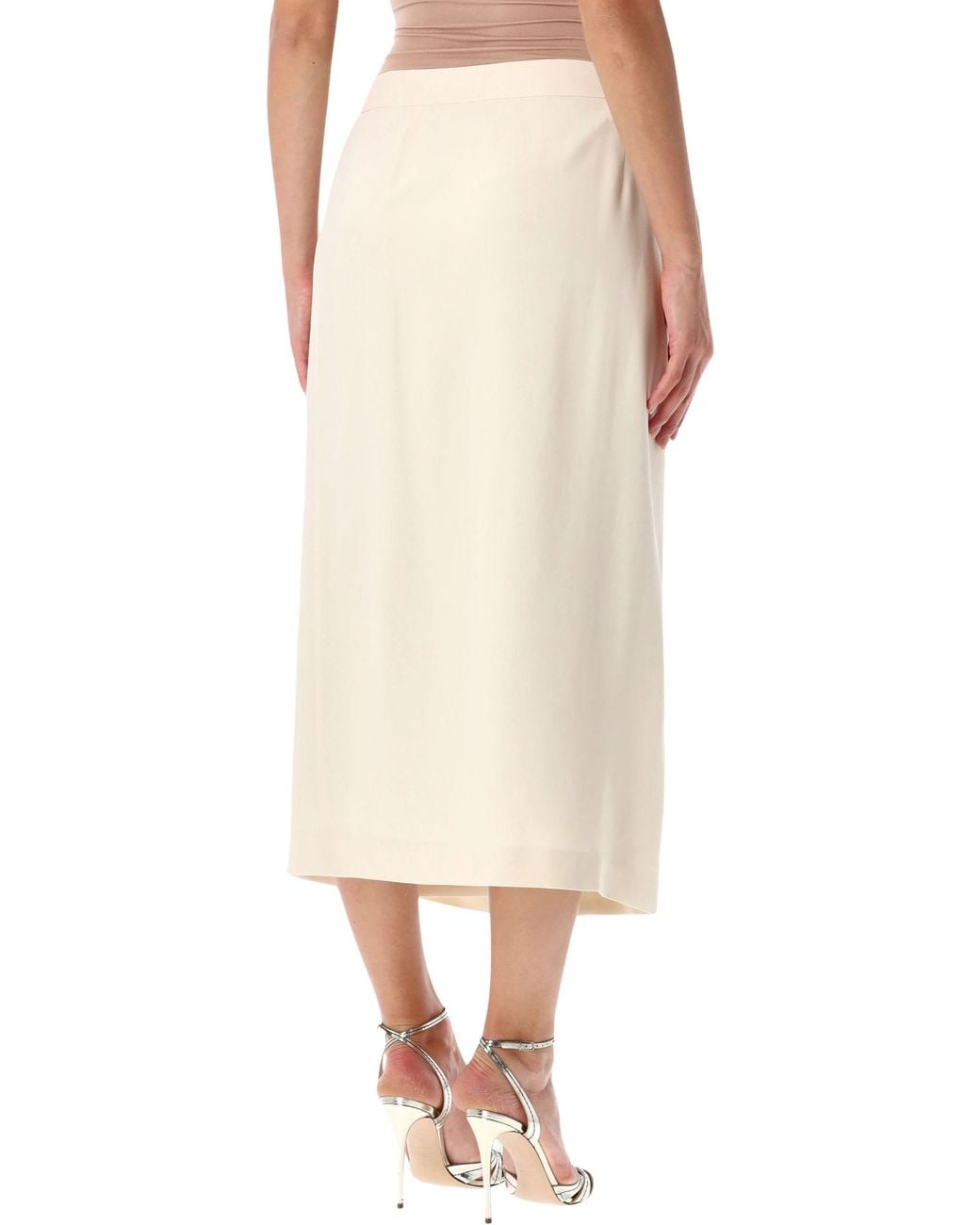 Alberta Ferretti Natural Feather-Trim Midi Skirt