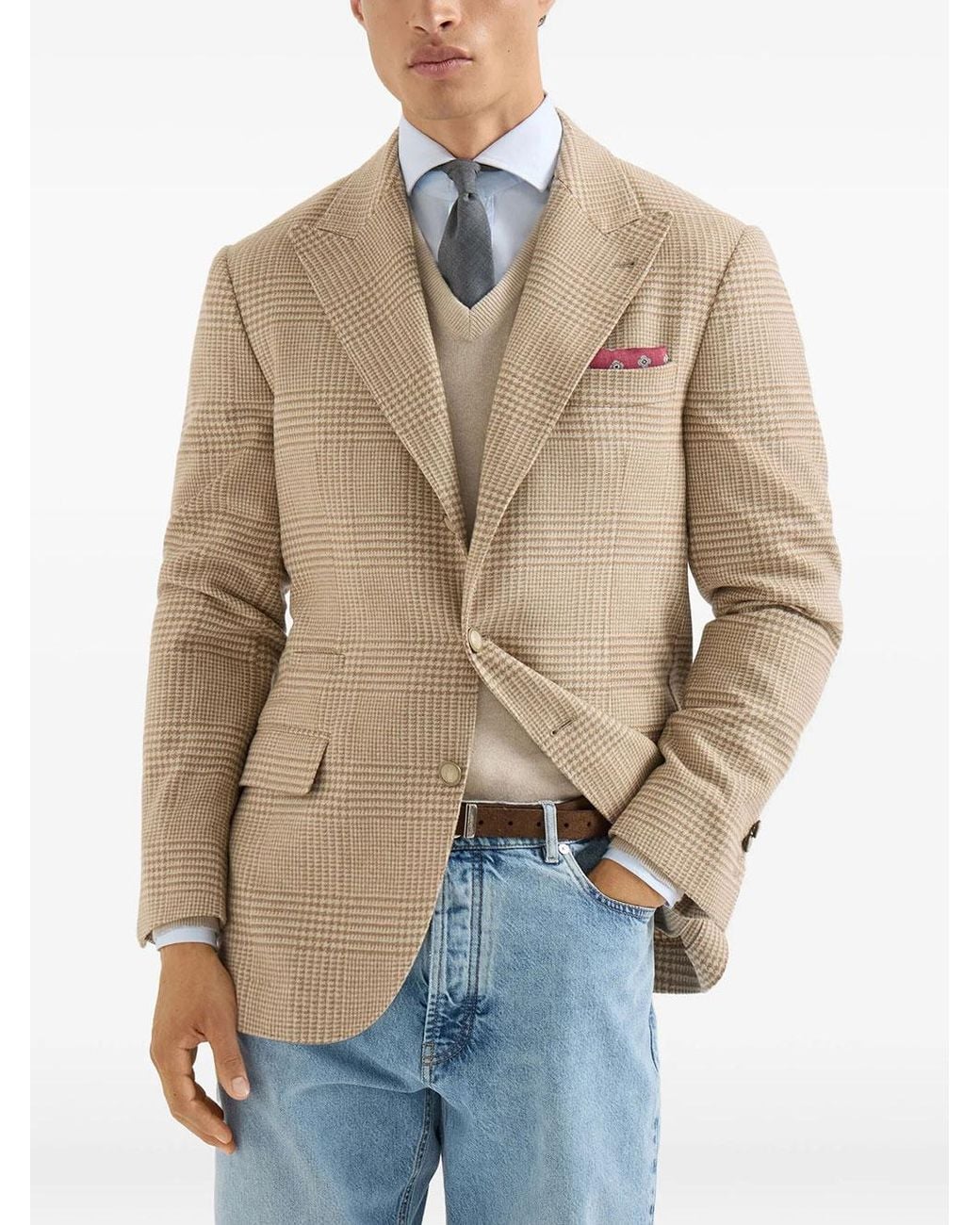 Brunello Cucinelli Natural Single Breasted Checked Blazer for men