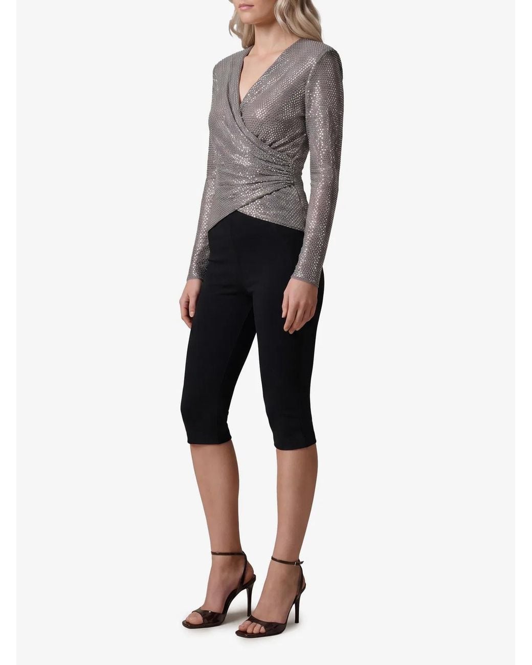 Self-Portrait Gray Self Portrait Rhinestone Mesh Wrap Top