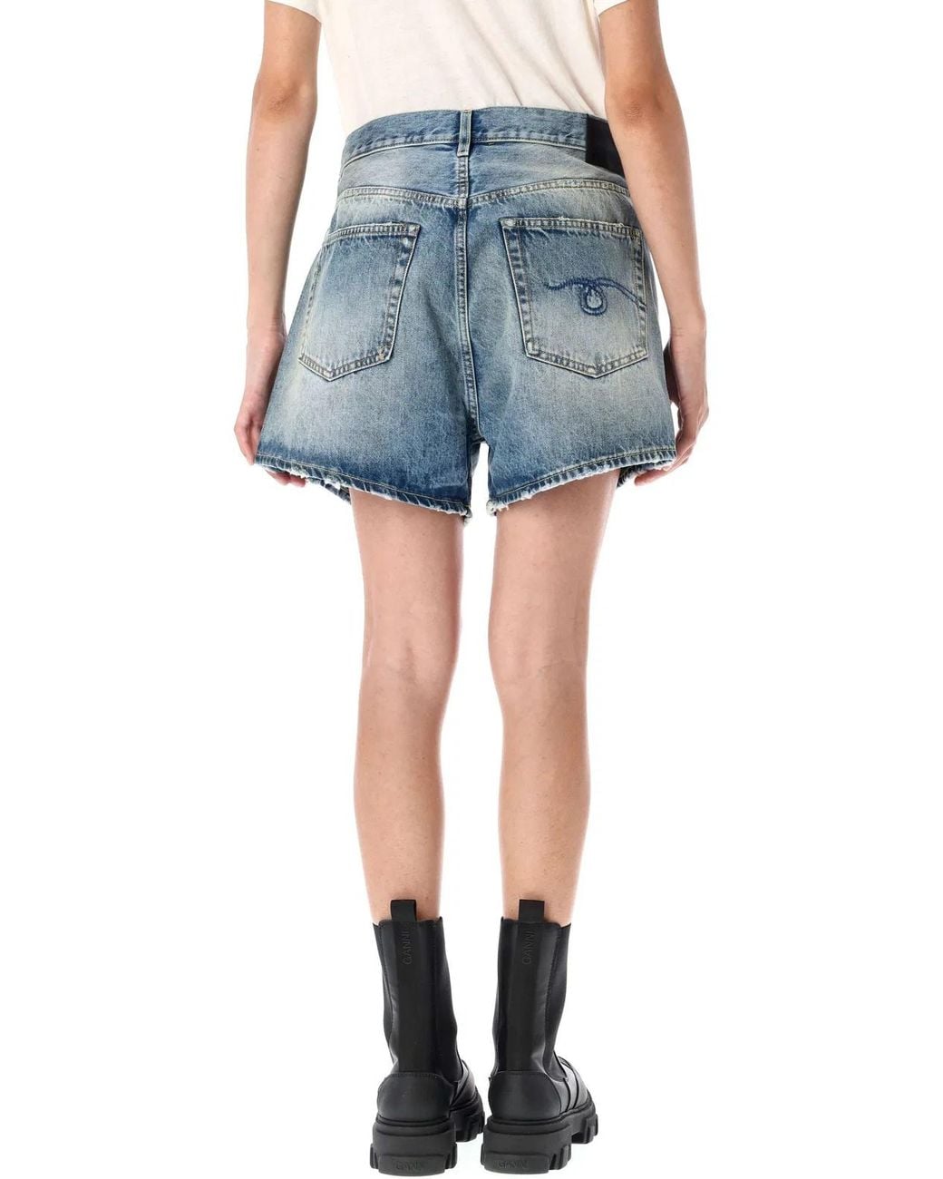 R13 Blue Crossover Denim Shorts Distressed
