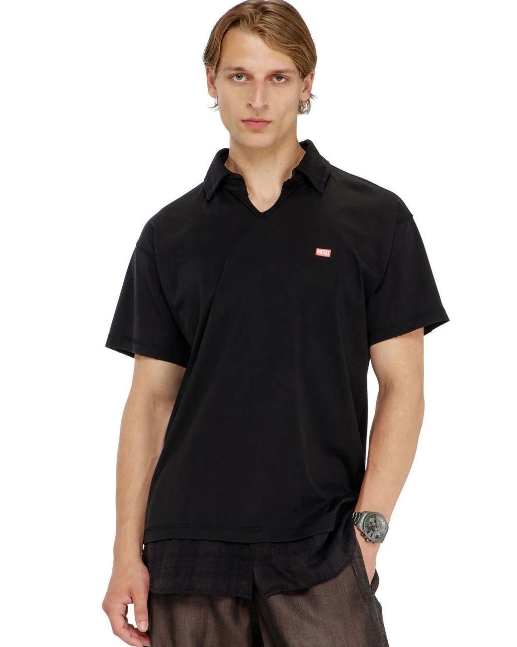 DIESEL Black Jersey Polo Shirt With Check Flannel Trims for men