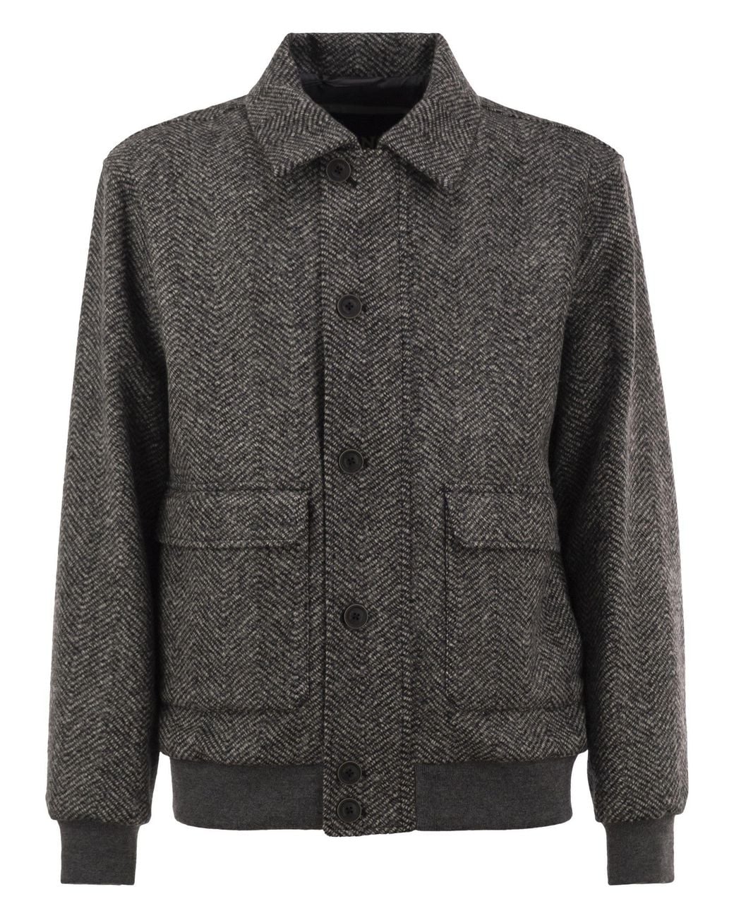 Herno Gray Virgin Wool Herringbone Bomber Jacket for men