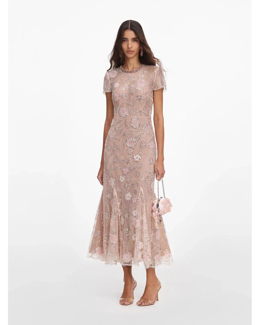 Self-Portrait Pink Flower Sequin Embellished Midi Dress