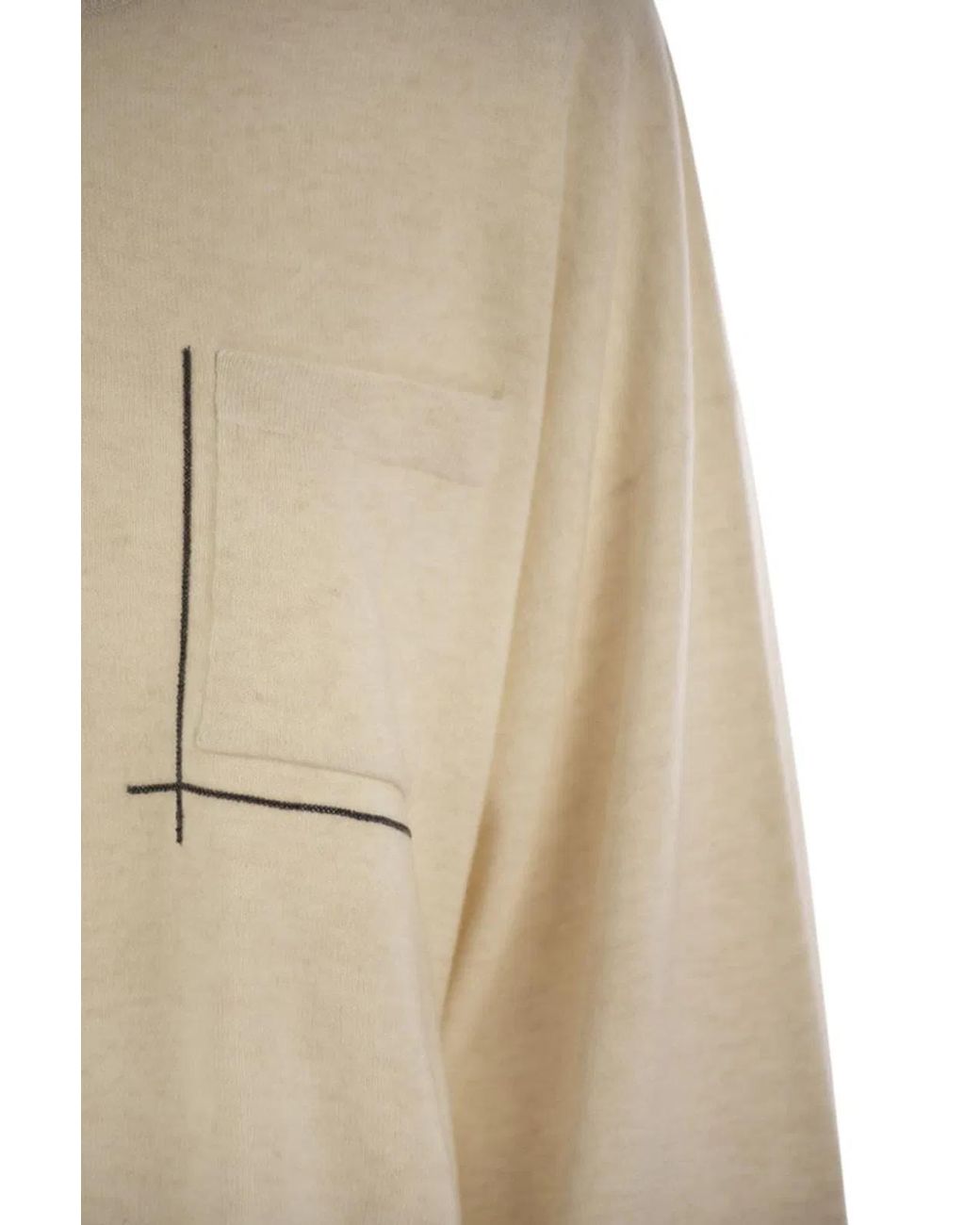 Brunello Cucinelli Natural Virgin Wool, Cashmere And Silk Sweater With Shiny Pocket Detail