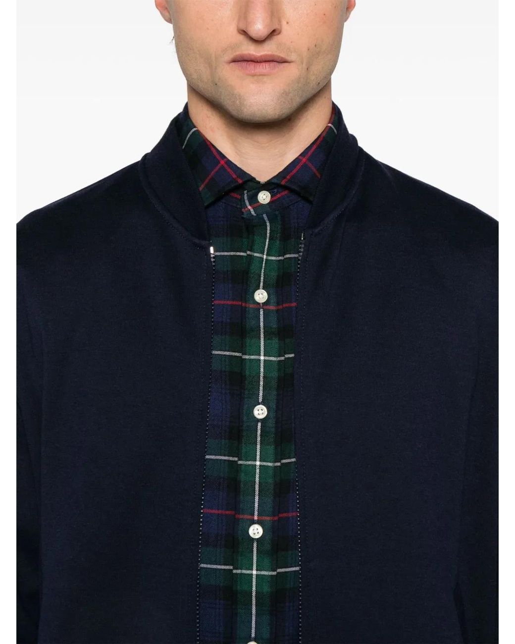 Brunello Cucinelli Blue Oxford Cotton-Blend Zip-Up Sweatshirt Featuring A Ribbed Crew Neck And Side Pockets for men