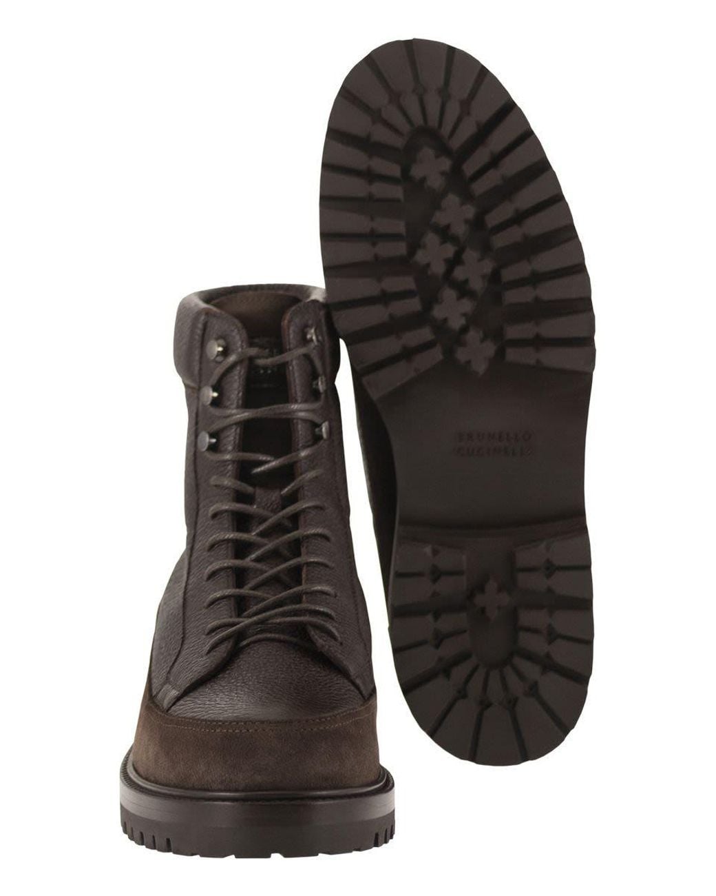 Brunello Cucinelli Brown Lace-Up Deer Leather And Suede Ankle Boots for men