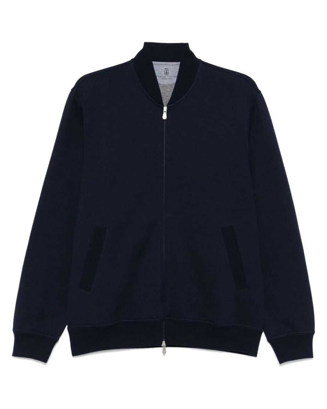 Brunello Cucinelli Blue Oxford Cotton-Blend Zip-Up Sweatshirt Featuring A Ribbed Crew Neck And Side Pockets for men
